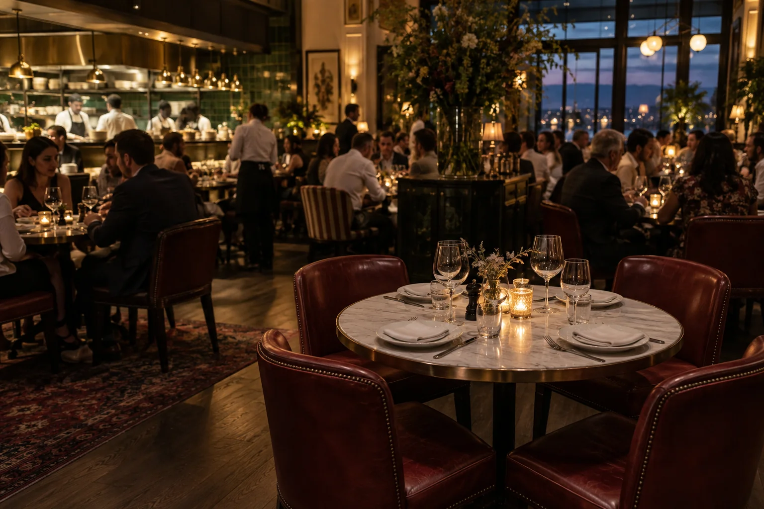 An empty four-seat table in an otherwise busy restaurant