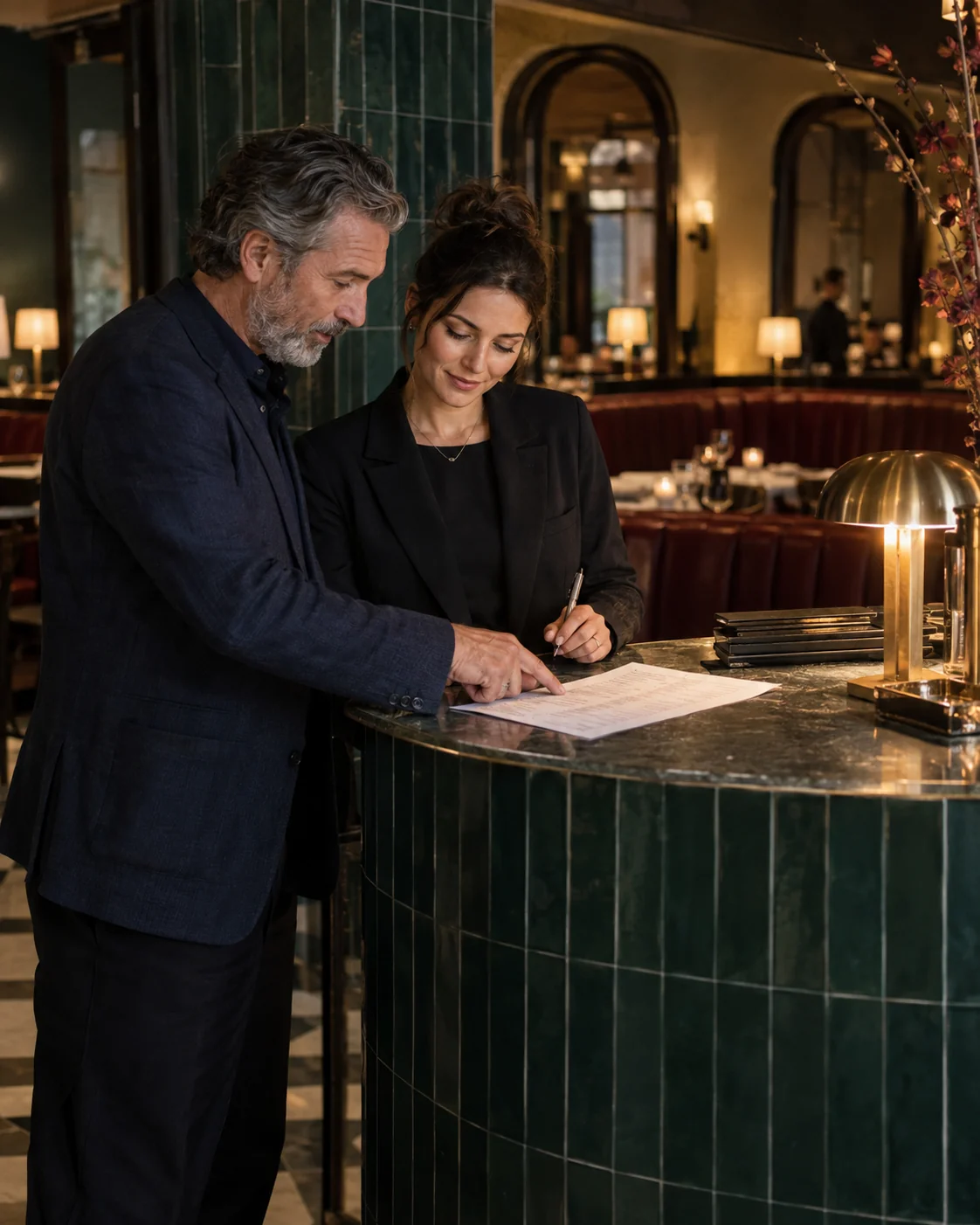 A restaurant owner and host review reservations before service